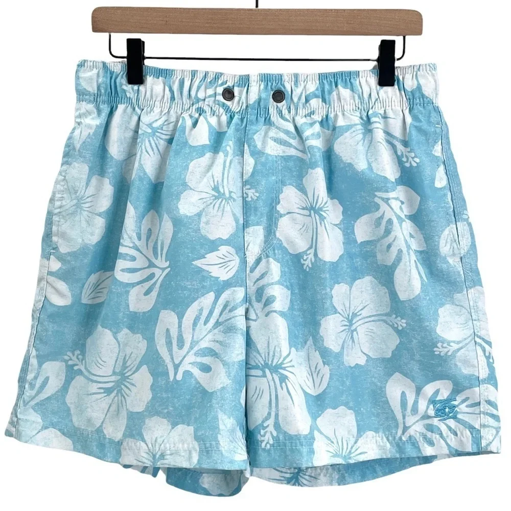 IslandHaze Surf Swim Trunks Light Blue & White Floral Print Short Length | XL